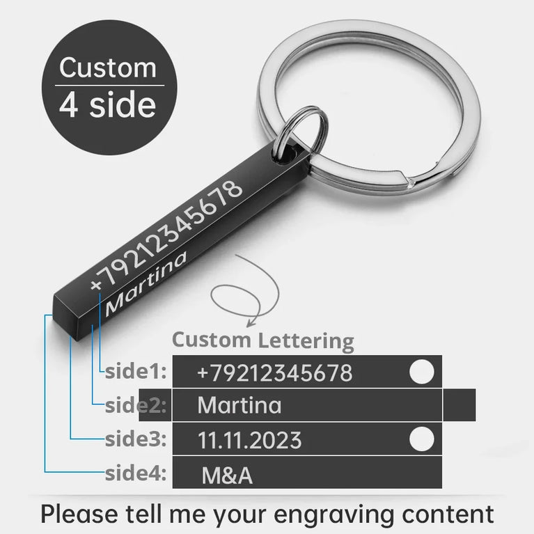 3D Bar Stainless Steel Personalized Keychain | Custom Engraved 4-Side Keyring