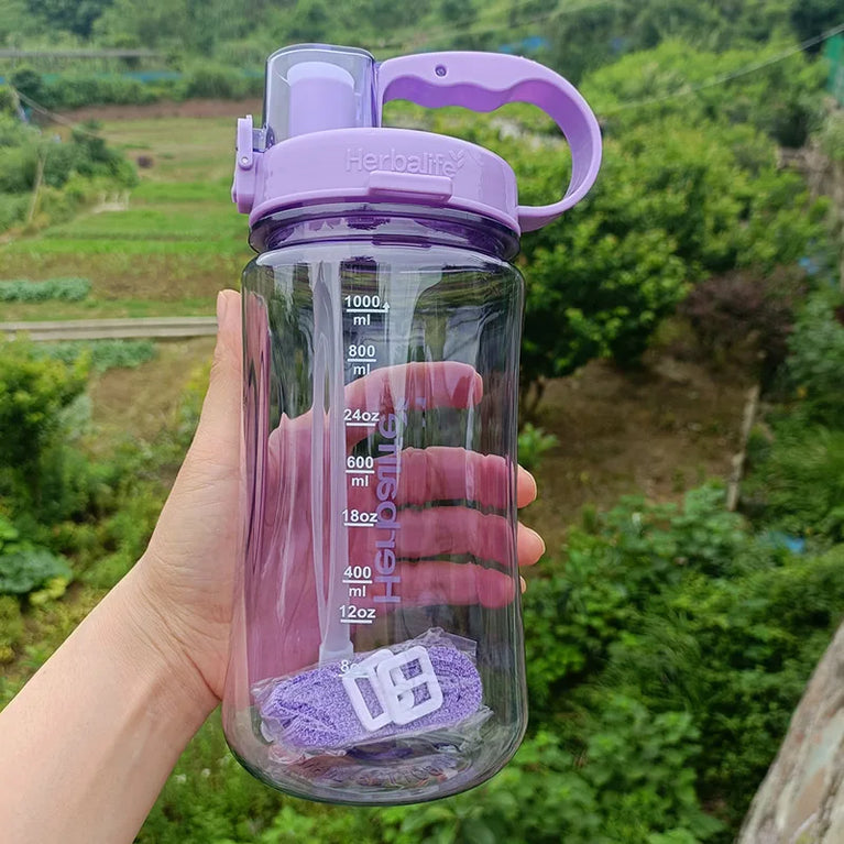 1000ml Transparent Straw Strap Bounce Button Sports Water Bottle 1L Leakproof Handgrip Gym Hydration Bottle