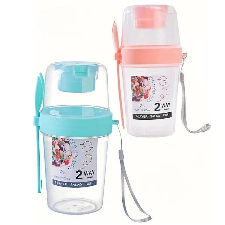 Portable Breakfast Salad Cup Oatmeal Fruit Vegetable Container with Fork Lid Leakproof Round PP Jar