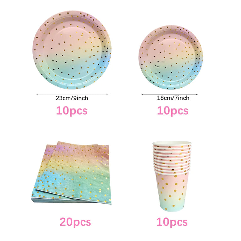 Rainbow Birthday Disposable Tableware Gold Dot Party Set Plates Cups Napkins