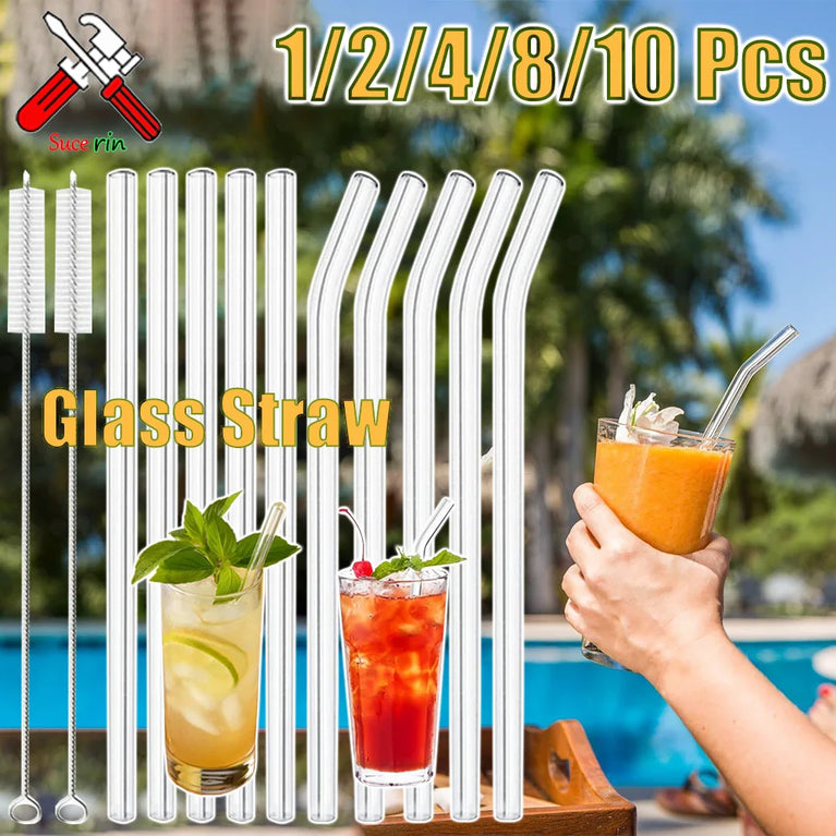 Reusable Glass Drinking Straw Smoothie Milkshake Cocktail Eco Friendly Straws Set