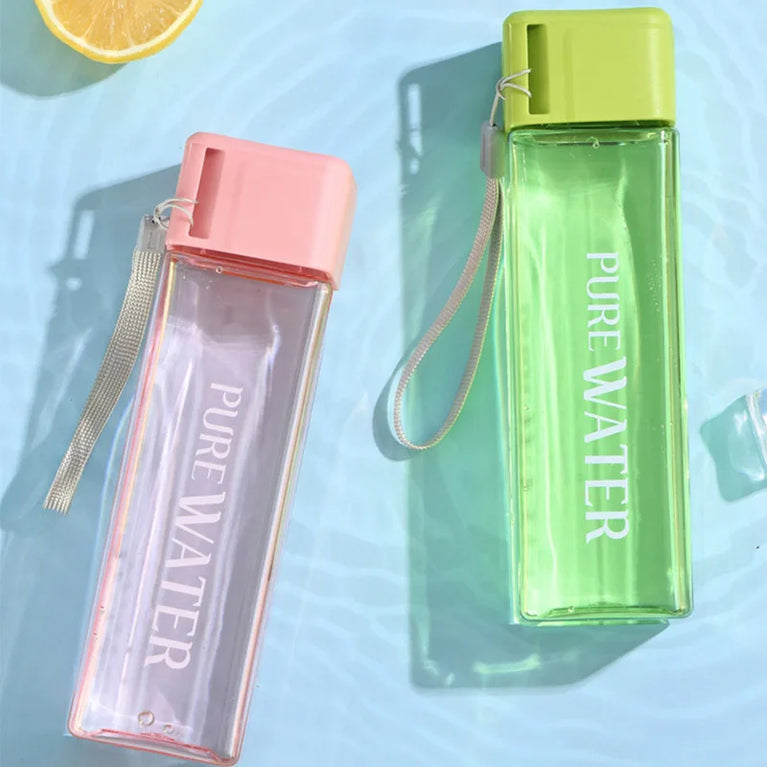 500ML Clear Square Portable Plastic Water Bottle With Rope Carry Design