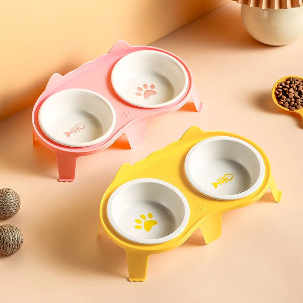 Ceramic Cat Bowl Double Bowl Elevated Slanted Pet Feeding Water Dish Rounded Design