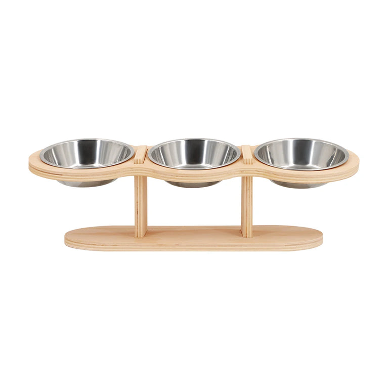15° Tilted Raised Cat Bowls with Wooden Stand and 3 Steel Dishes