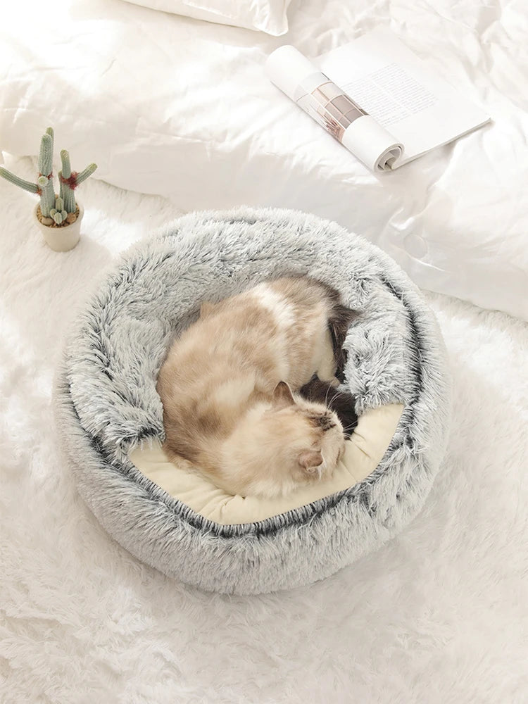 2-in-1 Round Plush Pet Nest | Half-Enclosed Warm Cave Bed