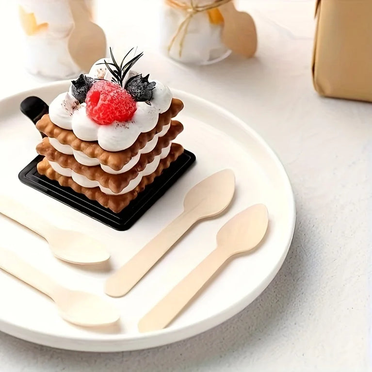 100Pcs Disposable Birch Wood Ice Cream Dessert Mini Spoons Party Set
