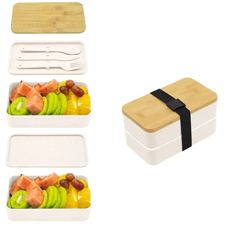 2-Tier Leakproof Bento Lunch Box with Cutlery Microwave Safe Stackable Food Storage Container for Kids and Adults