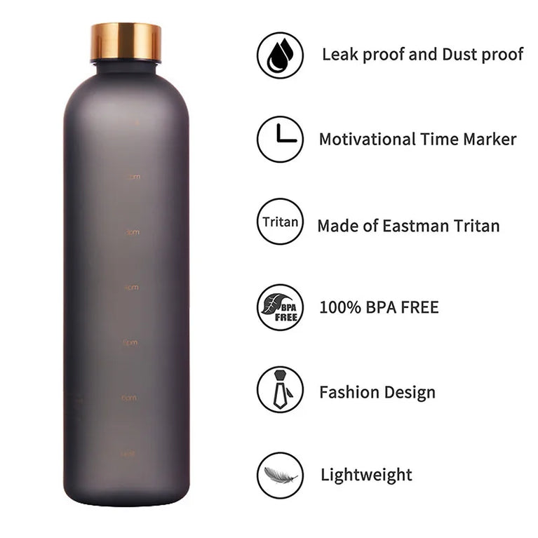 1L Water Bottle with Time Marker Leakproof BPA-Free Fitness Sports Outdoor Travel Hydration Bottle with Straw