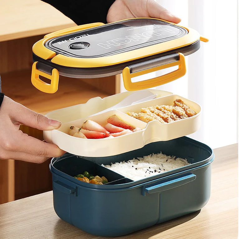 Double Layer Microwave Lunch Box Portable Plastic Food Container with Fork and Spoon Set