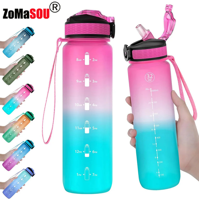 1L Motivational Gradient Sports Waterbottle Straw Leakproof Gym Bottle