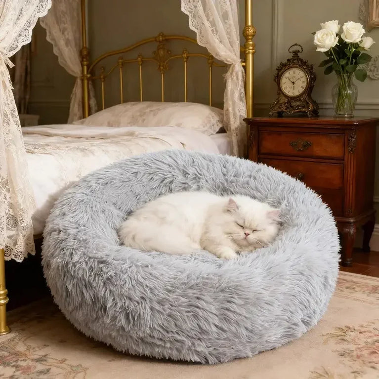 Round Plush Cat Bed Nest Soft Faux Fur Cozy Non-Slip Pet Bed