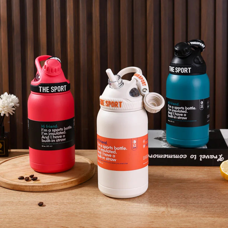 600ml Stainless Steel Vacuum Insulated Sports Water Bottle Straw Travel Thermos Flask
