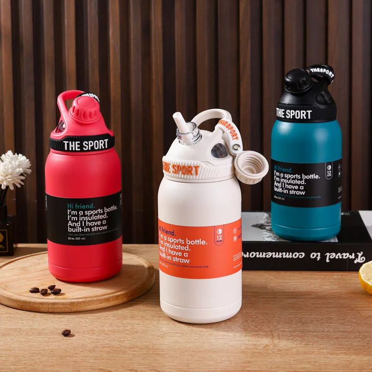 600ml Stainless Steel Vacuum Insulated Sports Water Bottle Straw Travel Thermos Flask