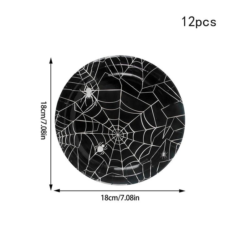 Halloween Spider Web Disposable Tableware Set Black Plates Cups Napkins Party Decoration