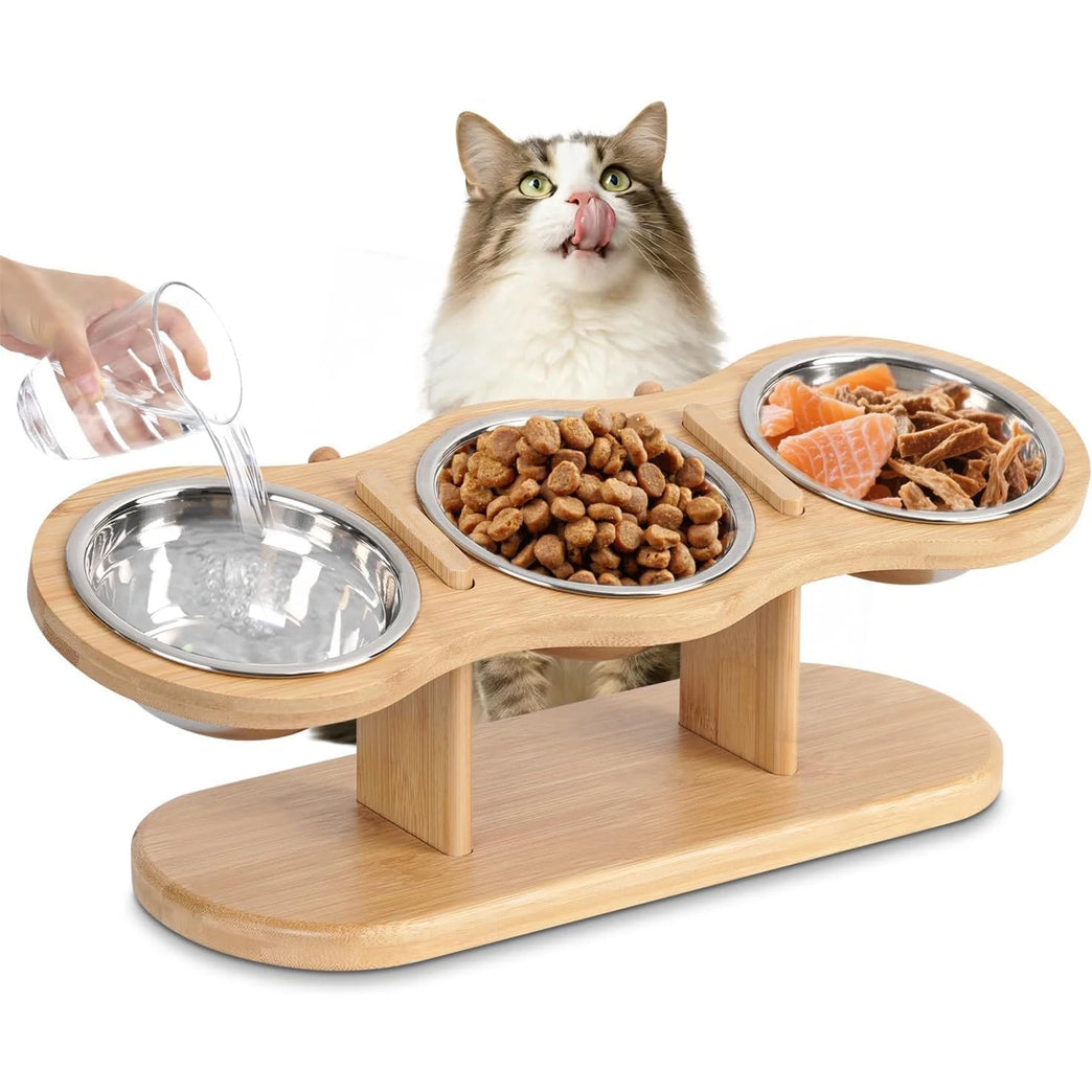 15° Tilted Raised Cat Bowls with Wooden Stand and 3 Steel Dishes