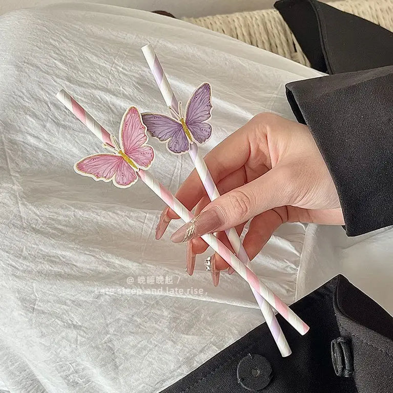 Butterfly Paper Straws 10 Sticks Disposable Eco Friendly Juice Milk Tea Drink Straws