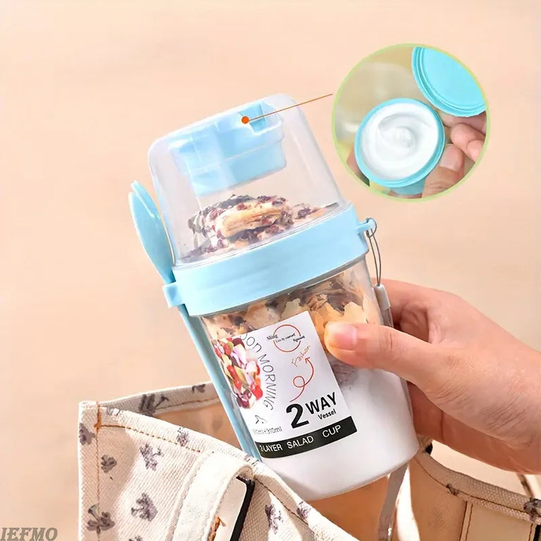 Portable Breakfast Salad Cup Oatmeal Fruit Vegetable Container with Fork Lid Leakproof Round PP Jar