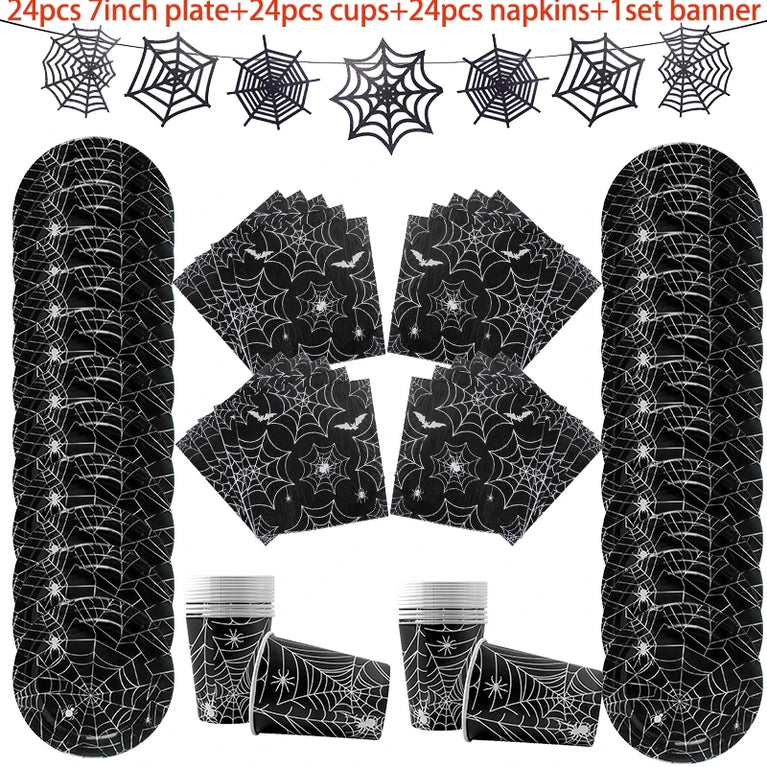Halloween Spider Web Disposable Tableware Set Black Plates Cups Napkins Party Decoration
