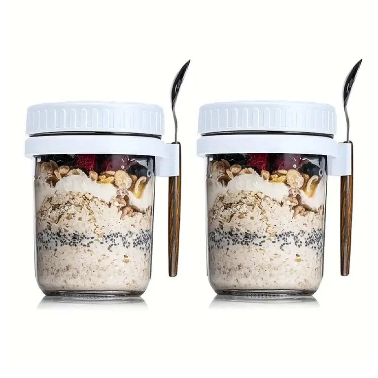 Overnight Oats Container with Lid and Spoon 300ML Glass Breakfast Cup for Yogurt Salad Cereal Storage
