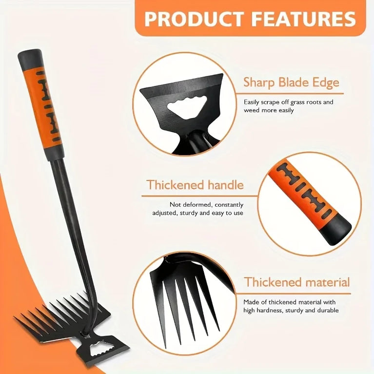 2 in 1 Garden Weeding Rake Carbon Steel Weed Puller Tool Garden Soil Remover