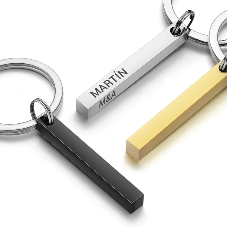 3D Bar Stainless Steel Personalized Keychain | Custom Engraved 4-Side Keyring