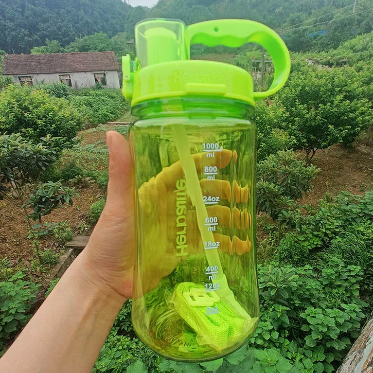 1000ml Transparent Straw Strap Bounce Button Sports Water Bottle 1L Leakproof Handgrip Gym Hydration Bottle
