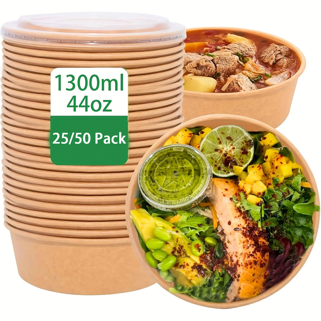 44Oz 1300Ml Paper Bowls With Lids Disposable Soup Salad Meal Prep Food Containers Pack