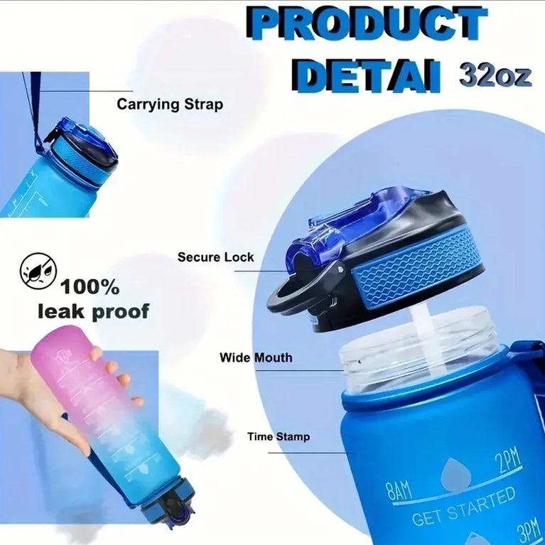 1000ML Motivational Time Marker Sports Waterbottle Leakproof Gym Bottle