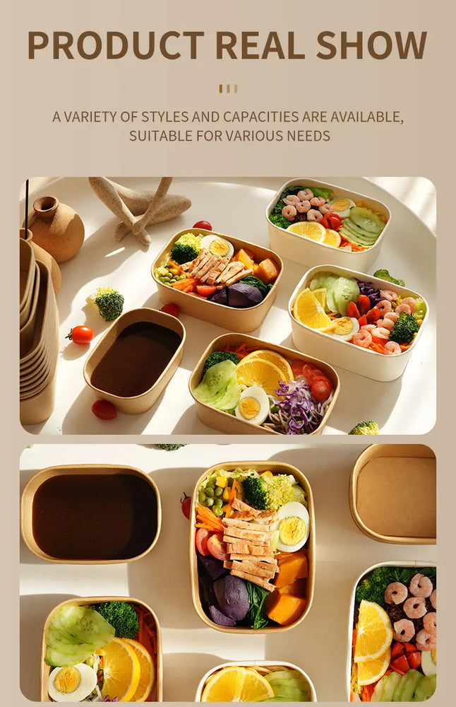 Disposable Kraft Paper Food Containers with Lids Leak Proof Meal Prep Lunch Box Set for Takeout Food Storage
