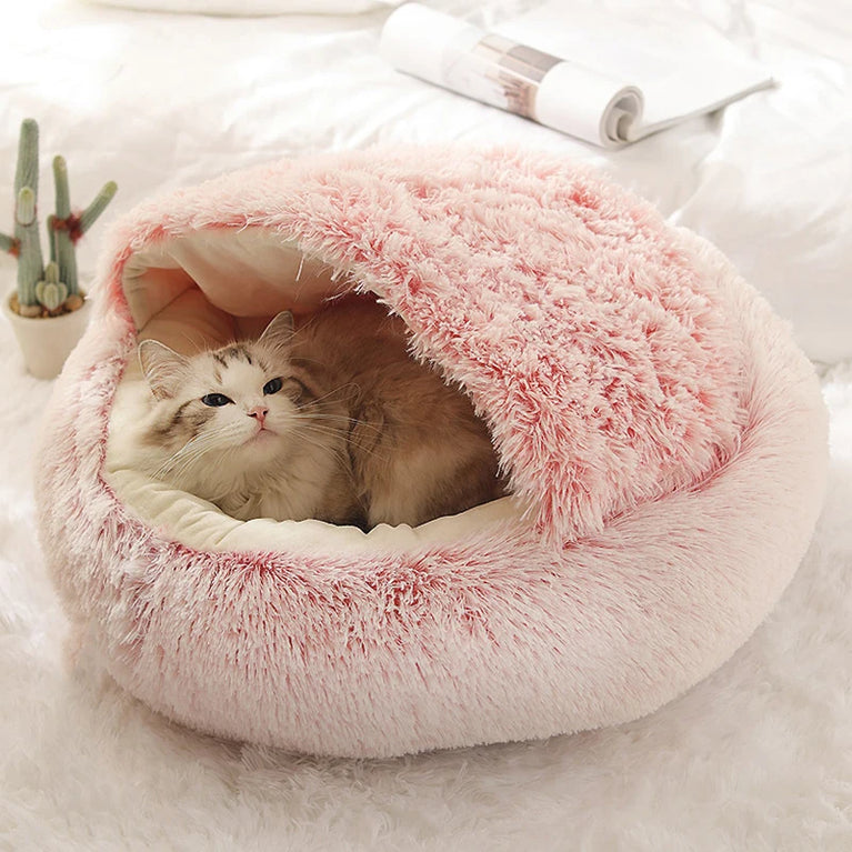 2-in-1 Round Plush Pet Nest | Half-Enclosed Warm Cave Bed