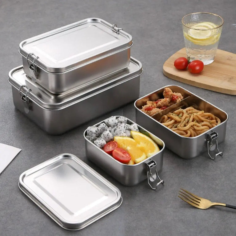 Stainless Steel Leakproof Bento Lunch Box Large Capacity Square Food Container with Lock Clips for Travel and Outdoor Use