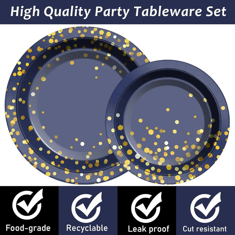 Navy Blue Gold Disposable Tableware Set for Wedding Party Use