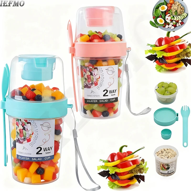 Portable Breakfast Salad Cup Oatmeal Fruit Vegetable Container with Fork Lid Leakproof Round PP Jar