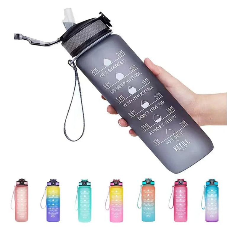 1L Motivational Gradient Sports Waterbottle Straw Leakproof Gym Bottle