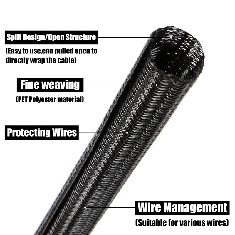 Self-Closing PET Braided Cable Sleeve | Expandable Split Wire Organizer