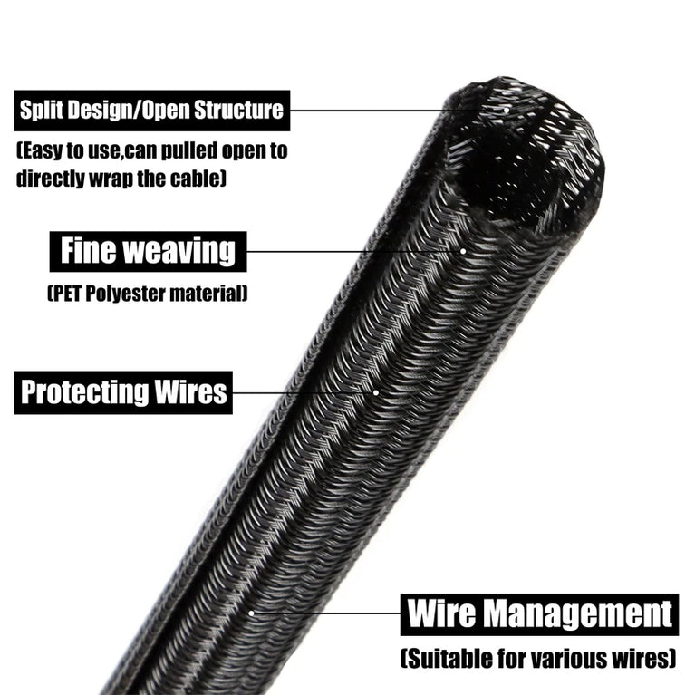 Self-Closing PET Braided Cable Sleeve | Expandable Split Wire Organizer