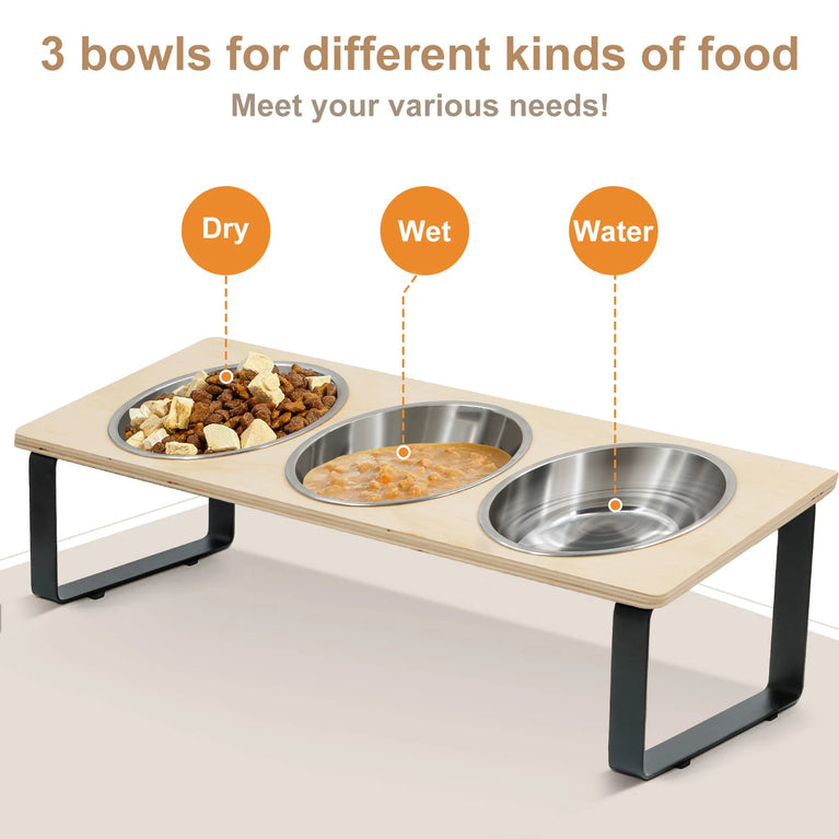15° Tilted Raised Cat Feeding Station with 3 Steel Bowls Set