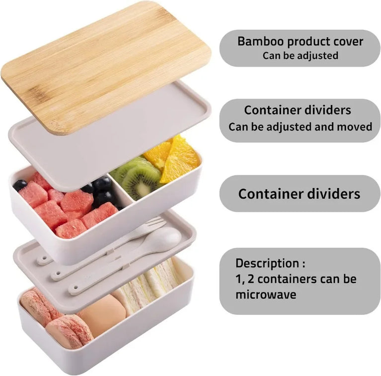2-Tier Leakproof Bento Lunch Box with Cutlery Microwave Safe Stackable Food Storage Container for Kids and Adults