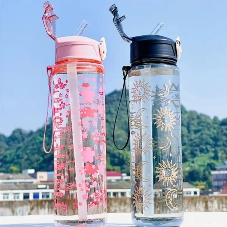 800ML Trendy Printed Space Straw Water Bottle with Portable Strap