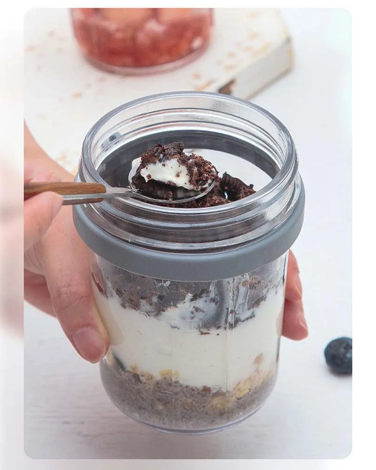 Overnight Oats Container with Lid and Spoon 300ML Glass Breakfast Cup for Yogurt Salad Cereal Storage