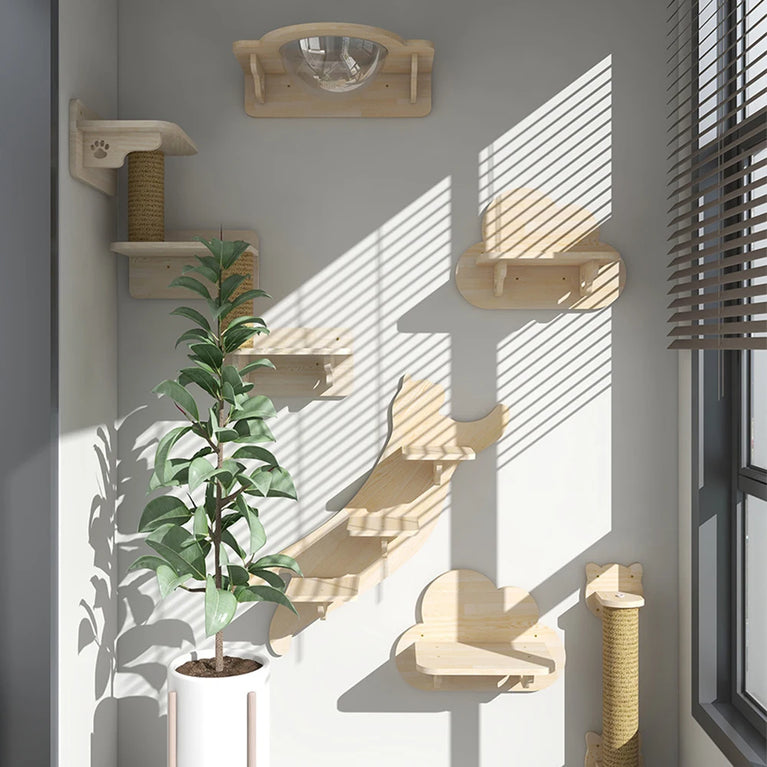 Wall-Mounted Cat Hammock & Climbing Set | Space-Saving Wood Furniture