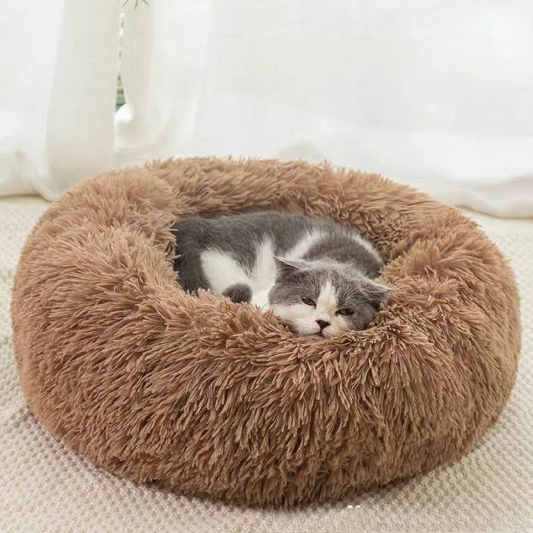 Round Plush Cat Bed Nest Soft Faux Fur Cozy Non-Slip Pet Bed