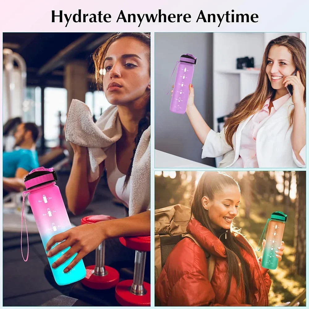 1L Motivational Gradient Sports Waterbottle Straw Leakproof Gym Bottle