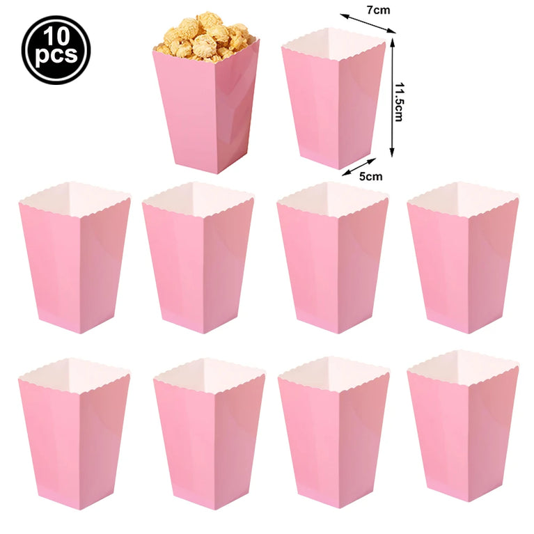 10Pcs Solid Color Popcorn Boxes Paper Food Trays Gift Bags With Handles Party Supplies Set