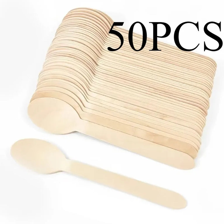 50PCS 14cm Disposable Wooden Spoons for Desserts Ice Cream Party