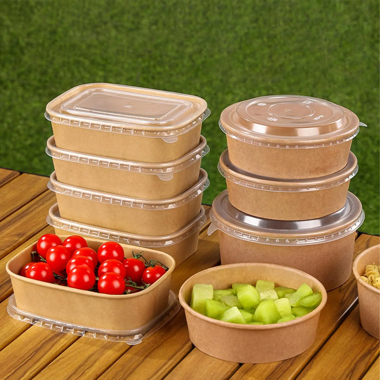 Disposable Kraft Paper Food Containers with Lids Leak Proof Meal Prep Lunch Box Set for Takeout Food Storage