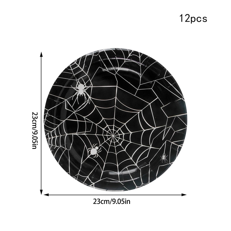 Halloween Spider Web Disposable Tableware Set Black Plates Cups Napkins Party Decoration