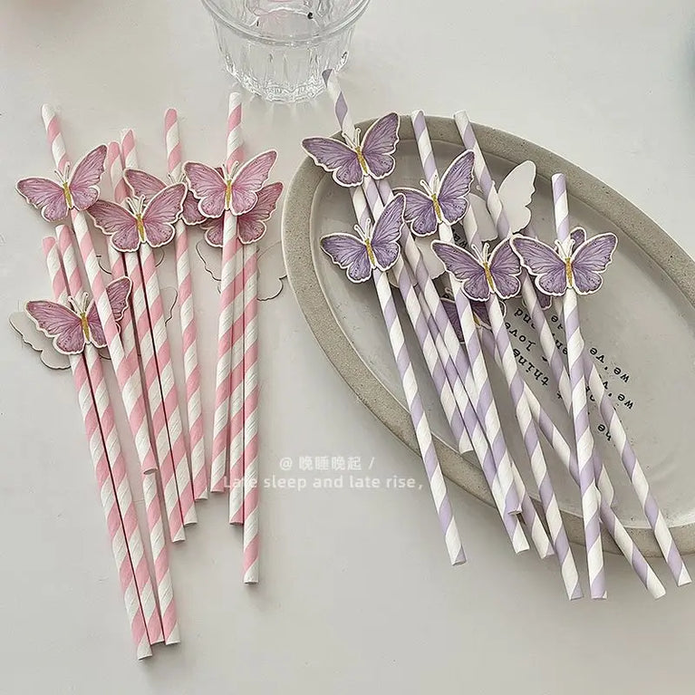 Butterfly Paper Straws 10 Sticks Disposable Eco Friendly Juice Milk Tea Drink Straws