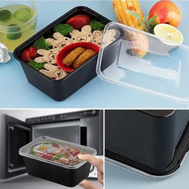 Disposable Food Containers Black Plastic Bento Lunch Boxes With Lids Meal Prep Storage Boxes Set