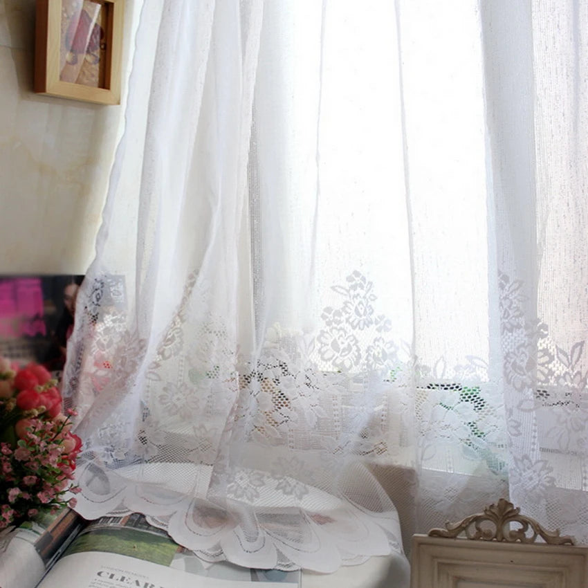 White Lace Sheer Tulle Curtains | Pastoral Floral Kitchen & Cafe Voile